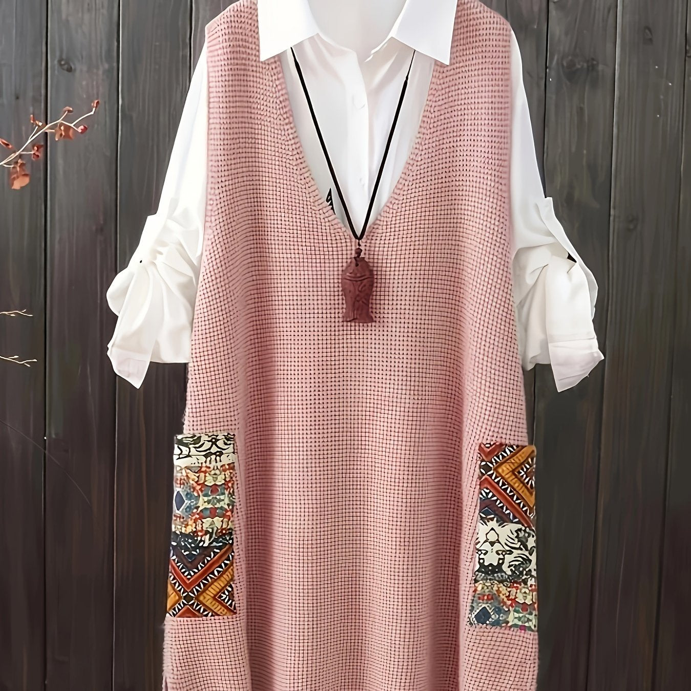 Plus size casual V-neck printed sweater vest dress with pockets.