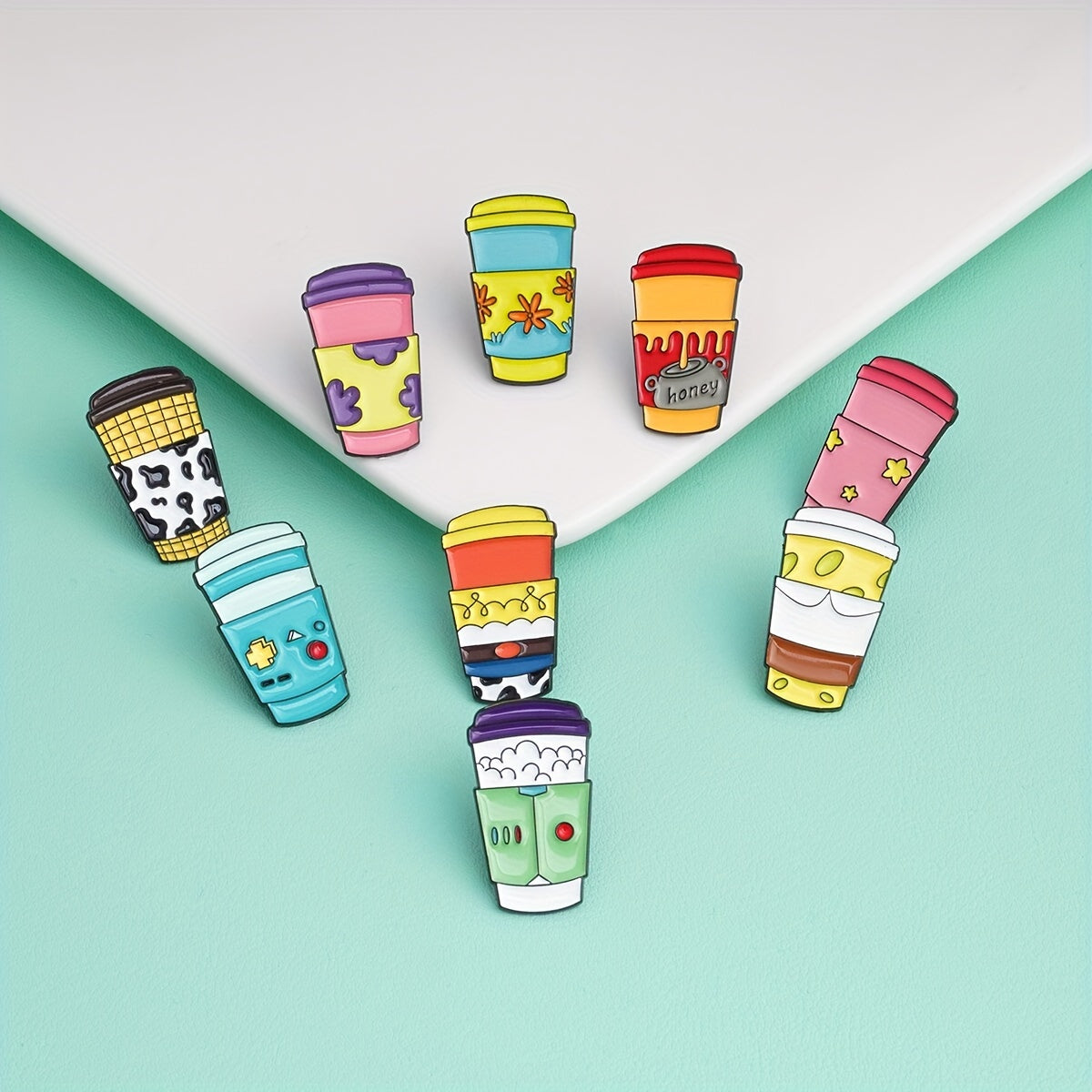 Set of 9 adorable cartoon coffee cup brooches - made of alloy, featuring a fun and simple design to add flair to your clothing accessories