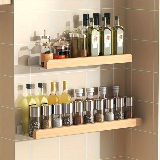 Wood and metal kitchen spice rack with hooks. Wall-mounted for modern style and efficient storage. Multifunctional shelf for kitchen accessories. Hardwood organizer for spices without the need for electricity.