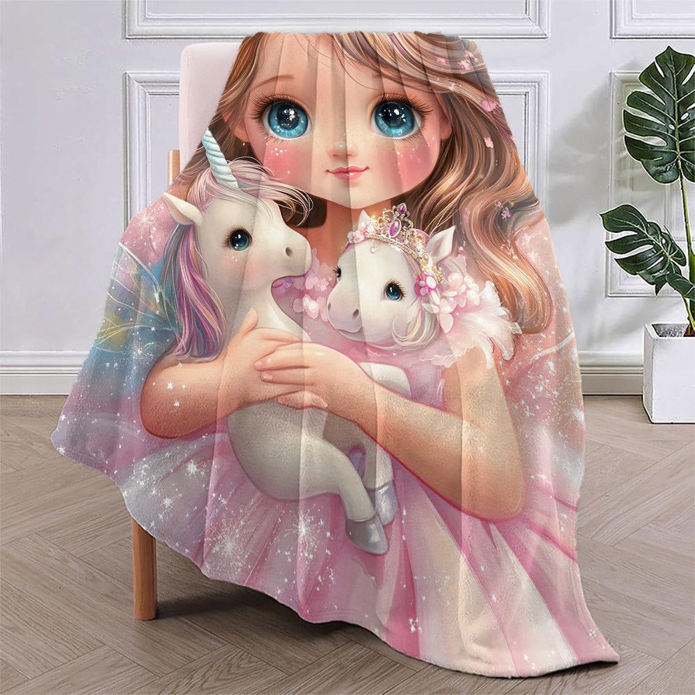 Modern flannel throw blanket featuring an enchanted girl and dreamy unicorns print. Hypoallergenic and suitable for all seasons, this multipurpose bedding is made of digital print polyester. Perfect for use on the bed, sofa, or while camping, it also