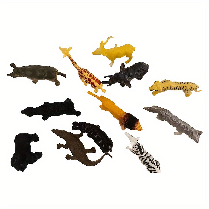 Wildlife Animal Figurines Set includes 12 pieces such as Lion, Tiger, Crocodile, Giraffe, Zebra, Elephant, and more. Suitable for ages 3+.