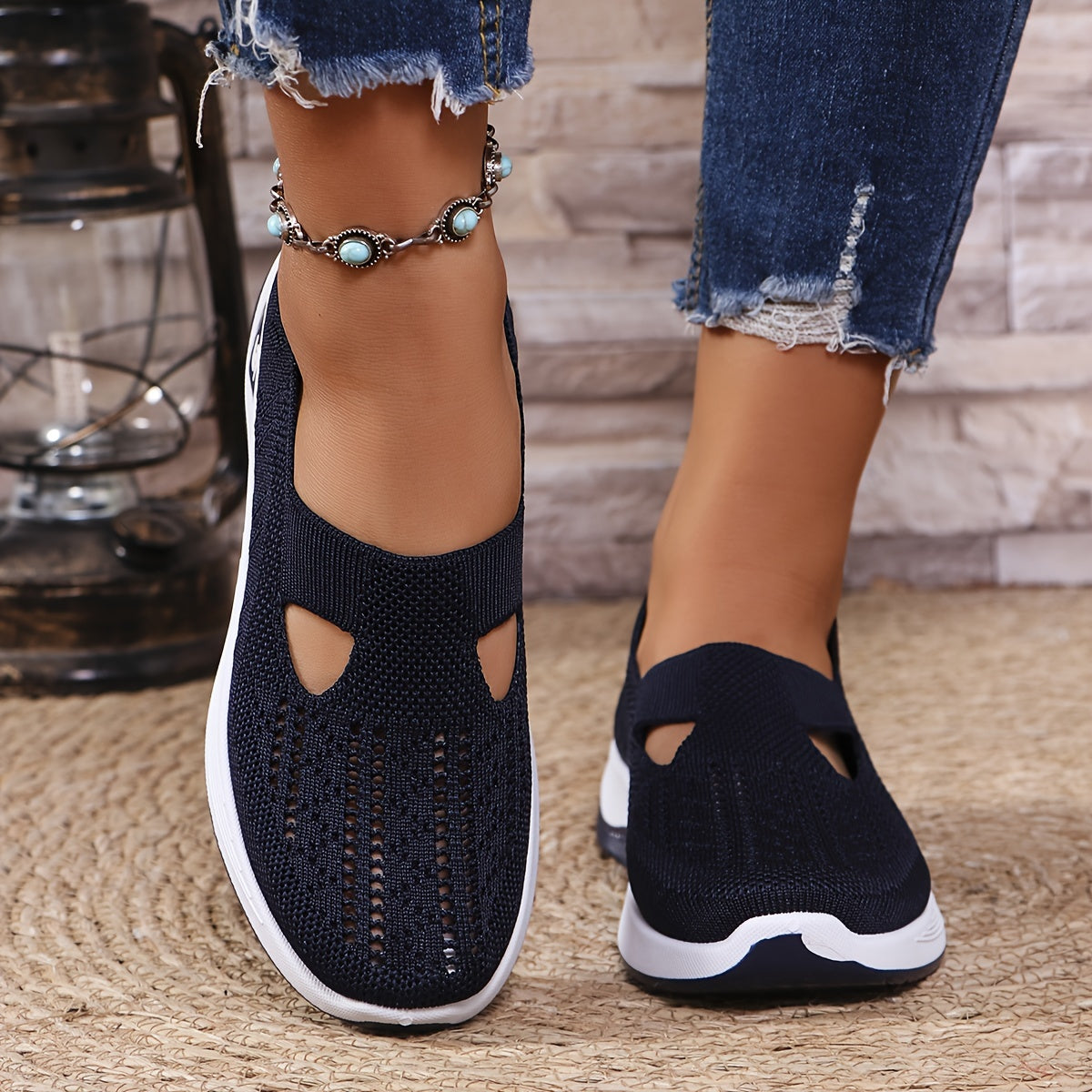 Women's lightweight knitted sneakers with PVC sole, fabric insole and upper, all-season wear, slip-on closure, machine washable.