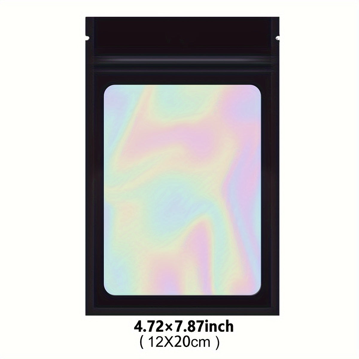 A set of 12 holographic storage bags with transparent windows that are self-sealing. These reusable pouches are made of aluminum foil and polyester film, making them odor-proof and safe for storing food. Perfect for party snacks, candies, jewelry, and