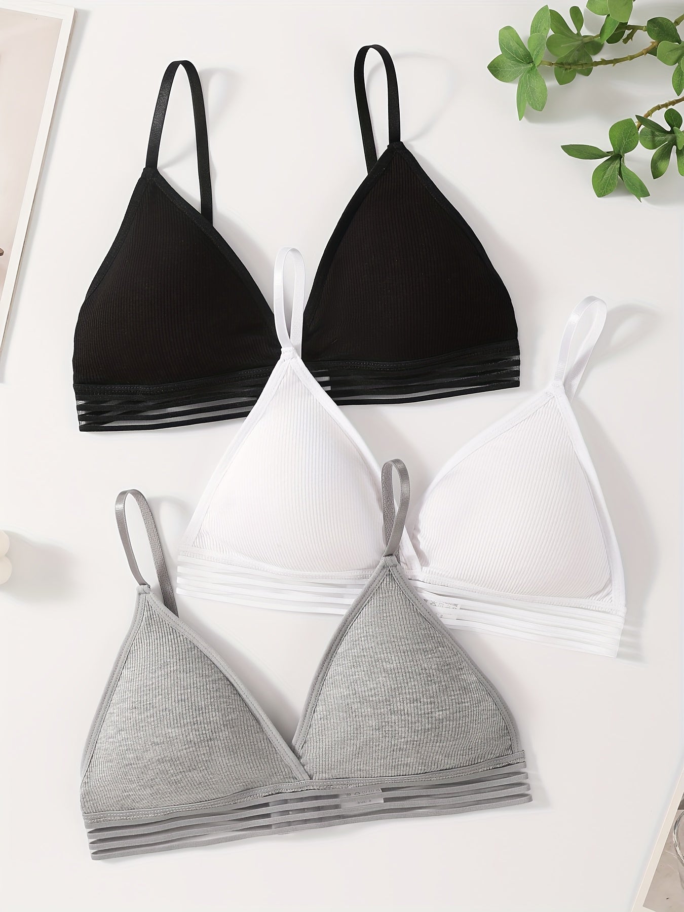 3 Women's Wireless Ribbed Bras - Comfortable & Breathable, Striped V-Neck with Removable Pads, Elastane & Polyamide Blend, Hand Washable - Black, White, Gray.