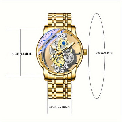 Men's Fashion Transparent Watch - Imitation Mechanical Timepiece with Luminous Dial, Stainless Steel Band, Quartz Movement. Luxury Business Golden Watch for Men.