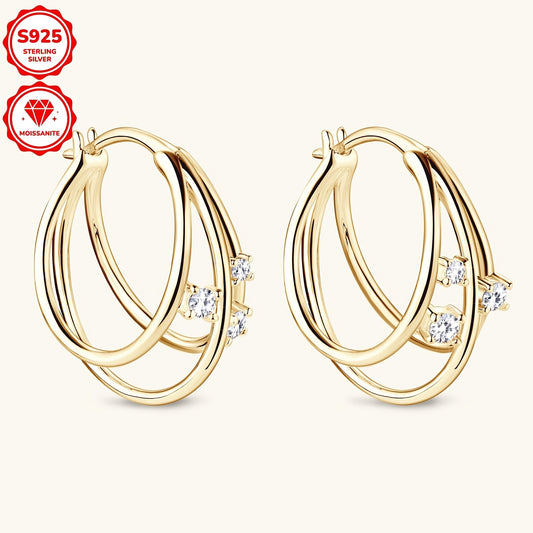 925 Sterling Silver Women's Fashion Hoop Earrings with Moissanite 3.27g, 2mm*4pcs, 1.5mm*2pcs, 0.08 Carats*2pcs in each earring. Total of 1 Pair of Three Hoop Earrings.