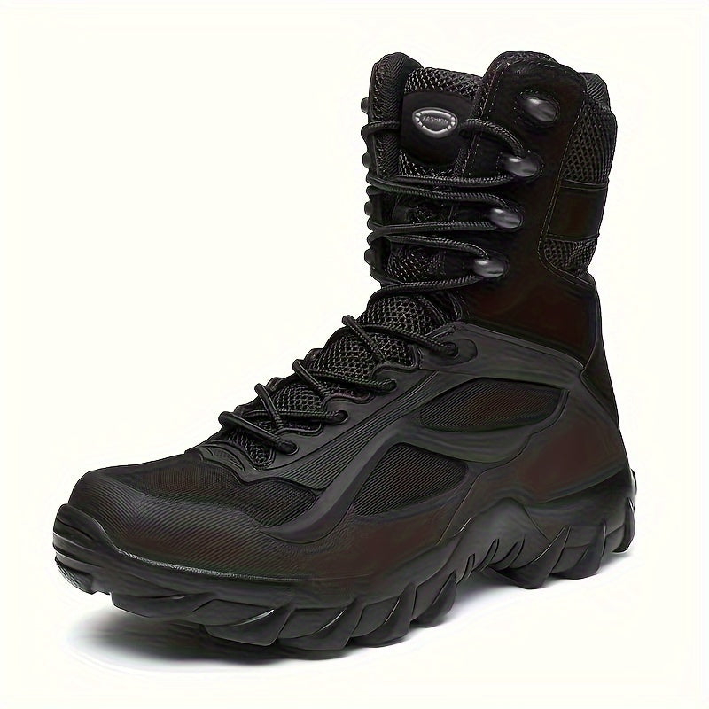 High-top hiking boots for men with durable PU and fabric upper, cushioned EVA insole, and rugged MD sole - perfect for hiking and outdoor activities.