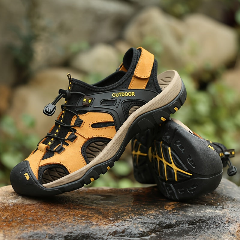 Breathable hiking shoes for men with non-slip rubber sole, durable fabric upper, and elastic band closure for outdoor activities.