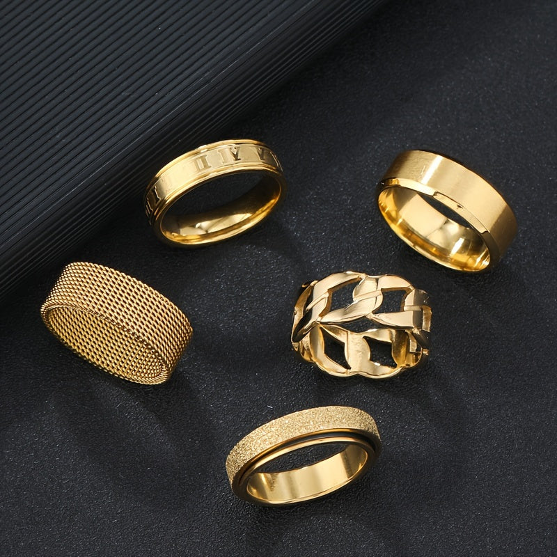 Set of 5 fashion stainless steel rings, featuring simple golden rotatable designs and hip hop hollow out styles. Perfect for a Christmas gift.