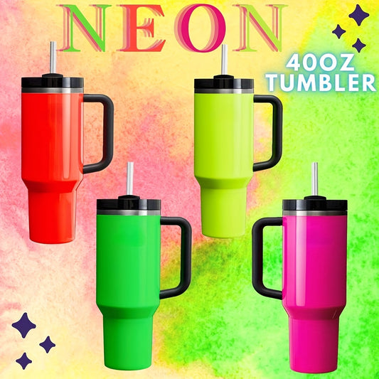 Neon stainless steel tumbler with straw & handle, 40oz - Insulated, BPA-free for outdoor activities, travel, & parties - Stylish colors