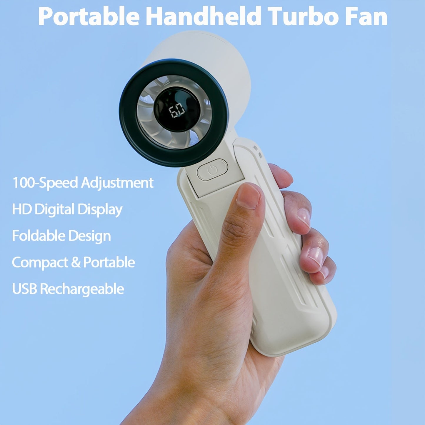 The High-Speed Portable Handheld Turbo Fan offers USB rechargeable 3000mAh battery. It is a foldable desktop fan that comes with a convenient neck strap, making it perfect for home, office, outdoor activities, and travel. This fan makes an ideal personal