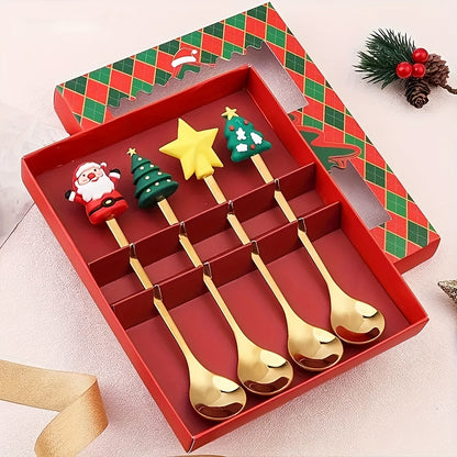 Christmas fork and spoon set, 4/6 pieces stainless steel tableware for Christmas party decoration. Gift set includes coffee, tea, and dessert forks and spoons.