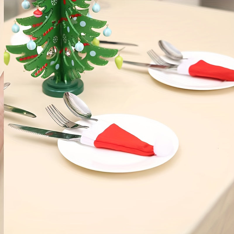 12-Piece Christmas Table Decoration Set includes Chambray Santa Hat Cutlery Holders and Bottle Toppers, Mini Santa Hats for Festive Party Table Décor, Feather-Free, No Electricity Needed Holiday Ornaments.