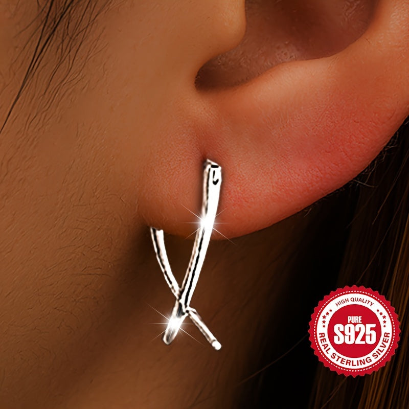 S925 Sterling Silver Cross-line Earrings, Elegant Design Perfect for Daily Wear or Gifting, Hypoallergenic Lightweight 2.59g