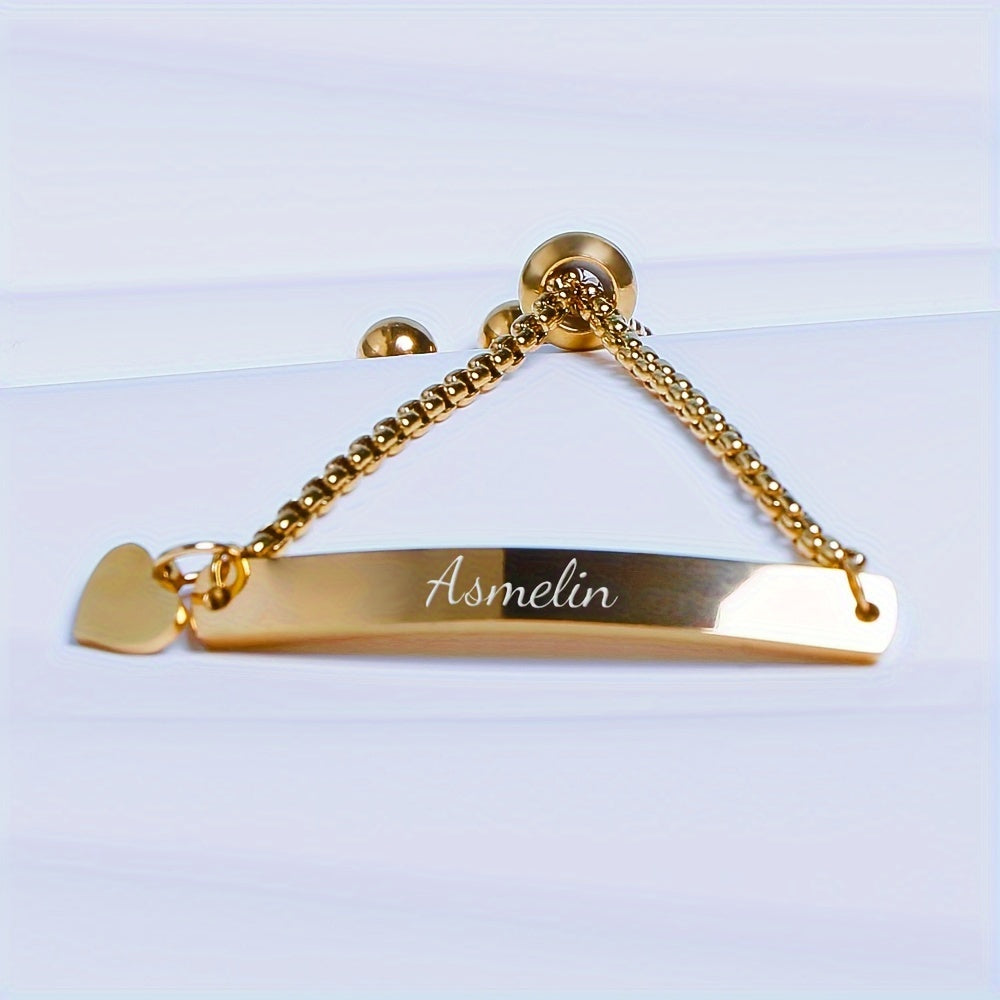 Titanium Alloy Bar Bracelet with Heart Detail - Custom Engraved Jewelry for Women, Personalized Name Bracelet Perfect for Baptism, Anniversary, or Birthday Gift. Comes with a Jewelry Pouch - Ideal for Daughters aged 14 and above.