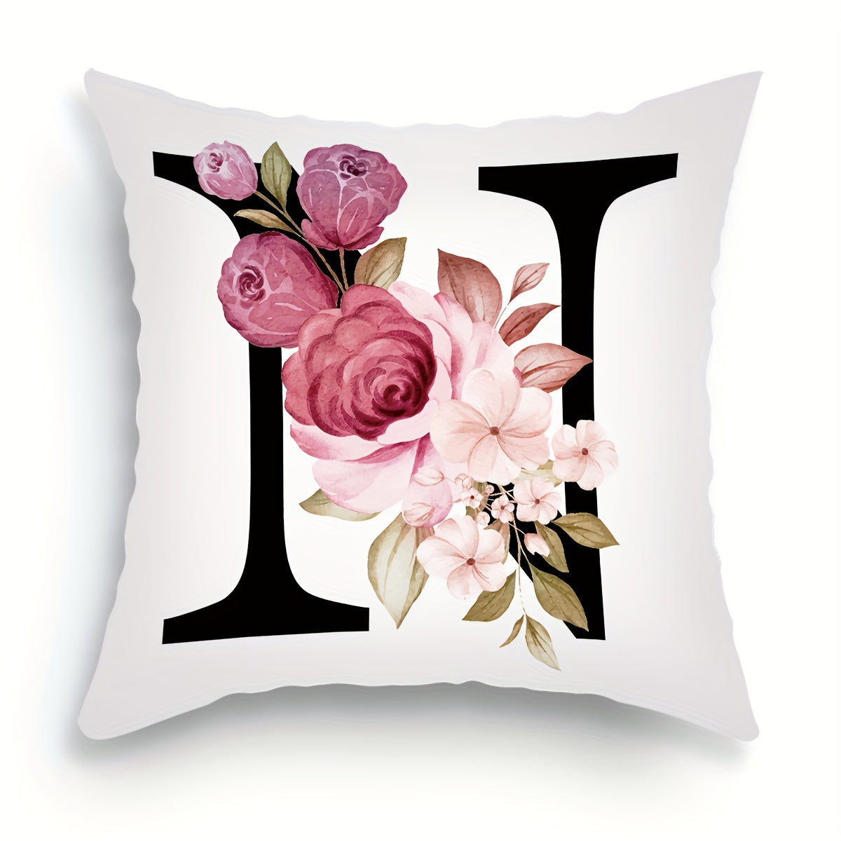 English letter flower print pillowcase for sofa cushions, 45.72cm x 45.72cm.