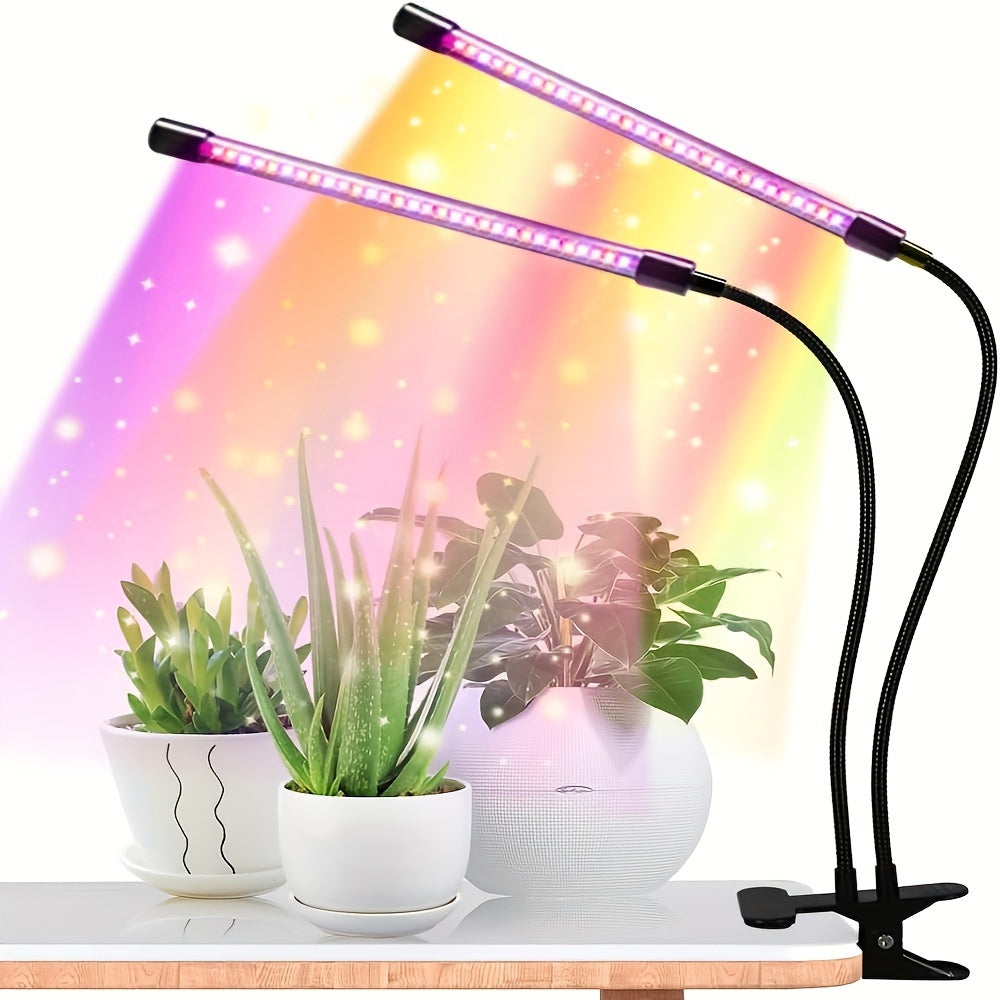 The 5/2-Head LED Grow Light is a full spectrum clip plant light with yellow, blue, and red LEDs, perfect for indoor plants. It features 5 brightness levels and an automatic timer with