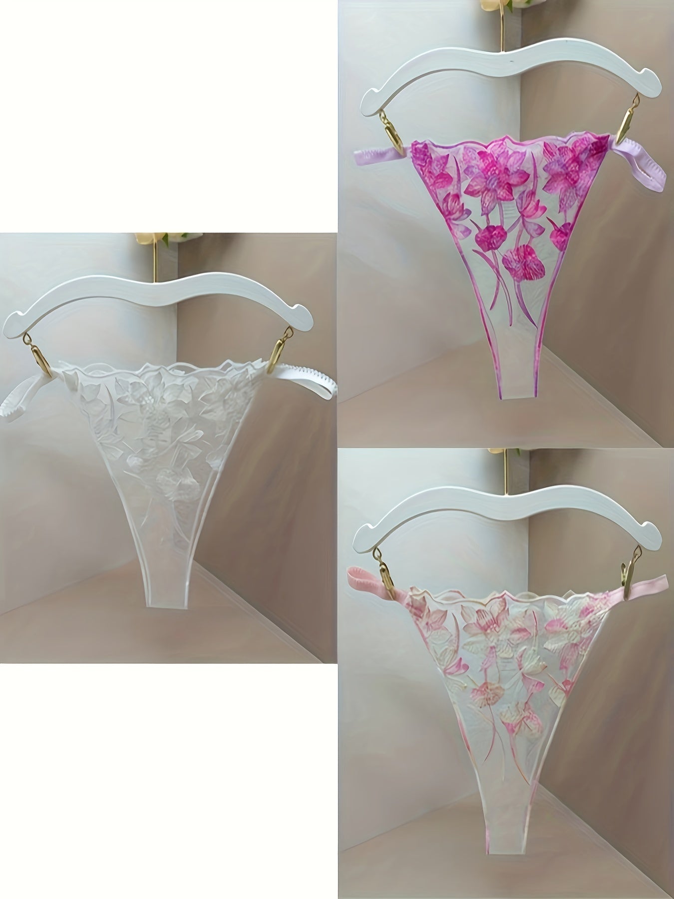 Women's sheer mesh thong panties with embroidered floral design and open crotch, featuring bow detail. Soft and breathable lingerie.