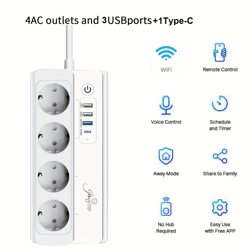 WiFi power strip with fast charging, voice control compatible with Alexa and Google Home, remote app control.