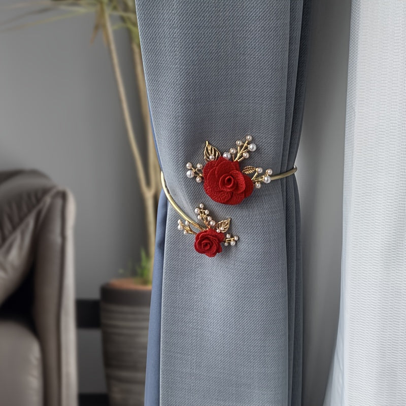 Modern Soft Alloy Faux Pearl Curtain Strap with Pastoral Flower Pattern, perfect for tying back curtains in a bedroom or living room. Add a touch of elegance to your home decor.