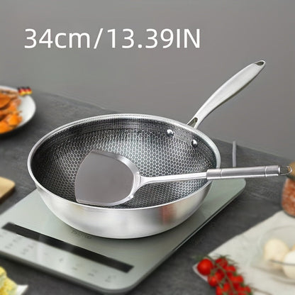 The Stainless Steel Chef's Pan features a non-stick honeycomb surface, making it scratch-resistant and heat-resistant. Its ergonomic one-handed design is perfect for stir-frying. This versatile cookware is ideal for both home and outdoor use.