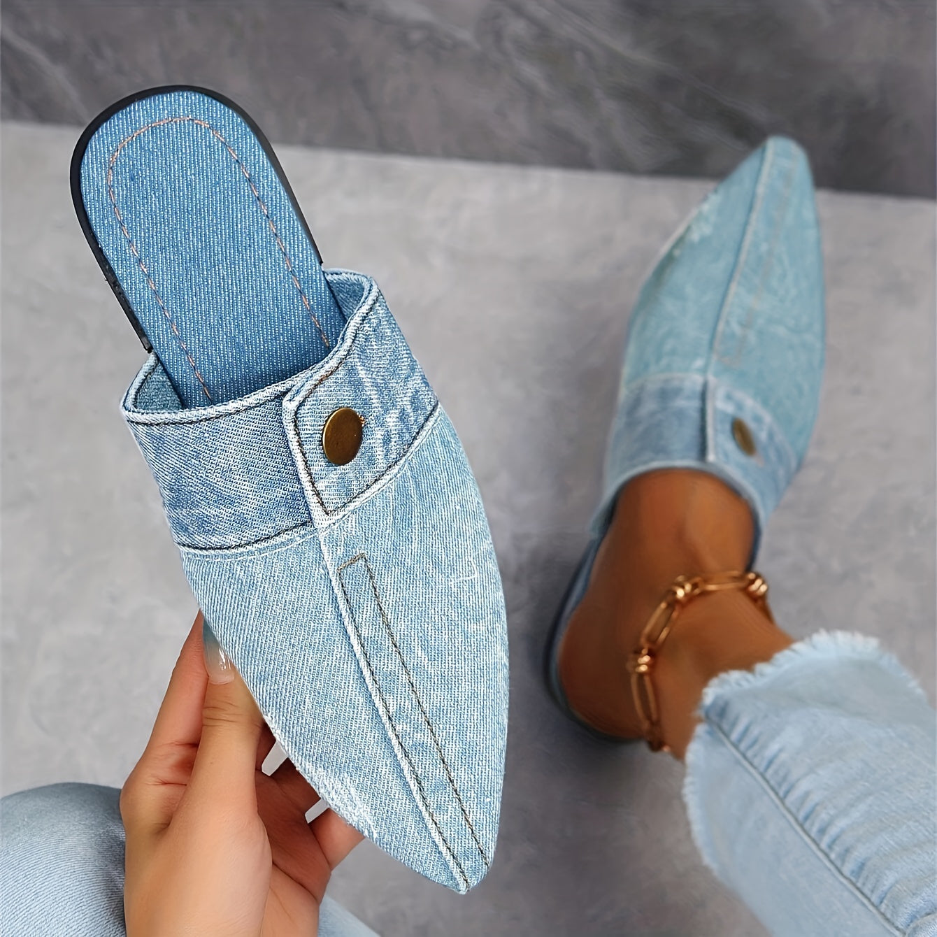 Women's Denim Flat Mules with Pointed Toe for Casual Outdoor Wear