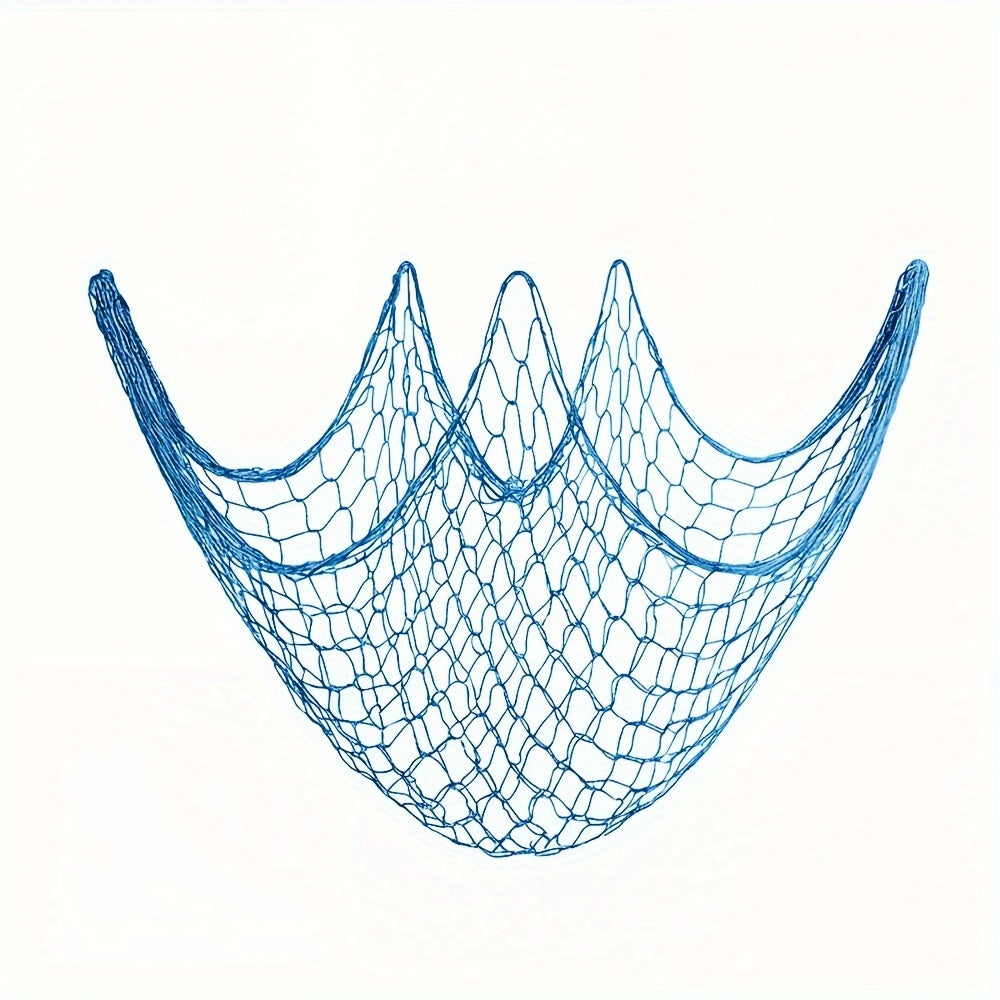 Seafarer's Charm: Nautical Blue Fishing Net Wall Decor with Seashells - Perfect for Ocean-Themed Events