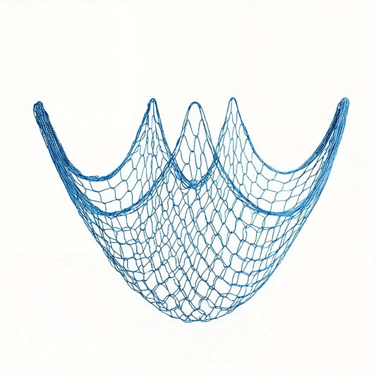 Seafarer's Charm: Nautical Blue Fishing Net Wall Decor with Seashells - Perfect for Ocean-Themed Events