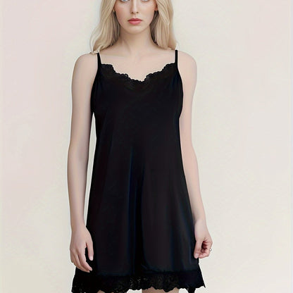 Solid lace trim slip dress with V-neck and backless design for women's comfortable sleepwear