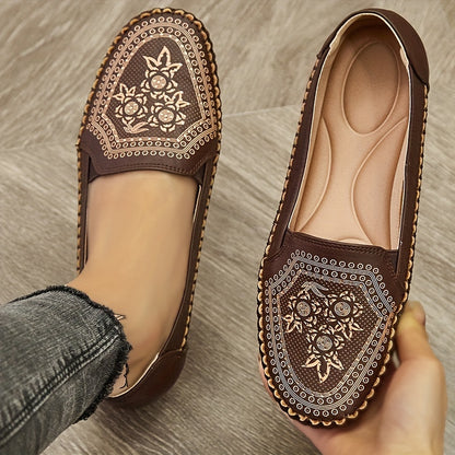 Elegant slip-on flats for women in brown faux cover with floral pattern and sequin accents. Comfortable soft sole, versatile for all seasons, perfect for mature style.