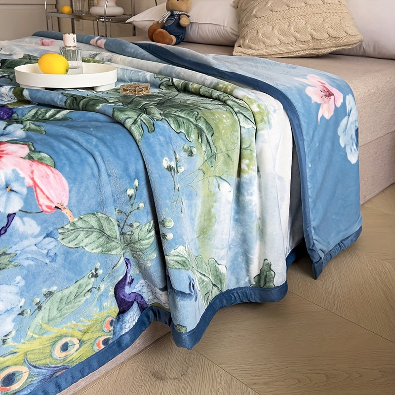 Ultra-soft Luxurious Peacock and Floral Coral Fleece Throw Blanket made from thick milk velvet for cozy naps, office use, and year-round warmth.