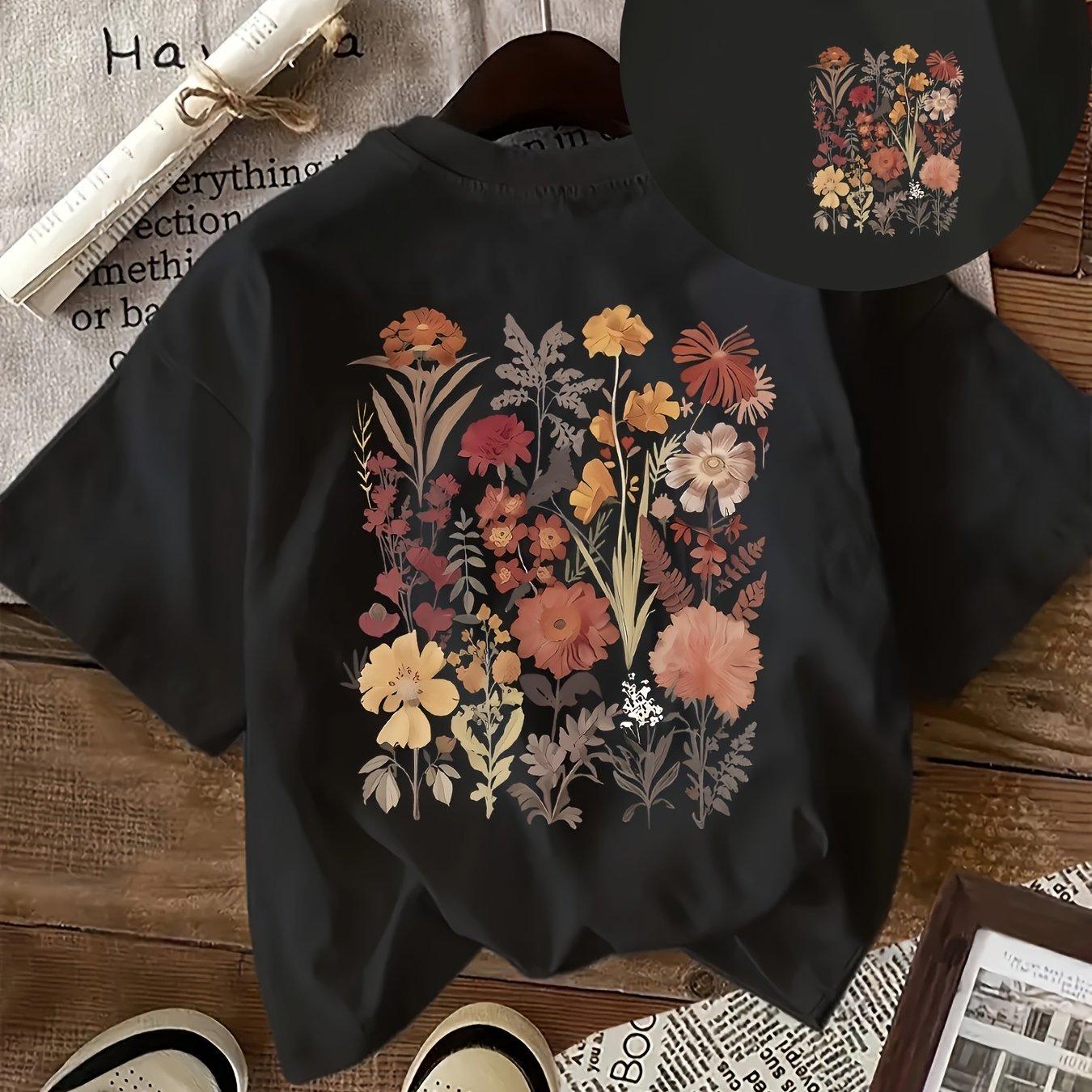 Vintage casual print T-shirt for women with deer and chive design.