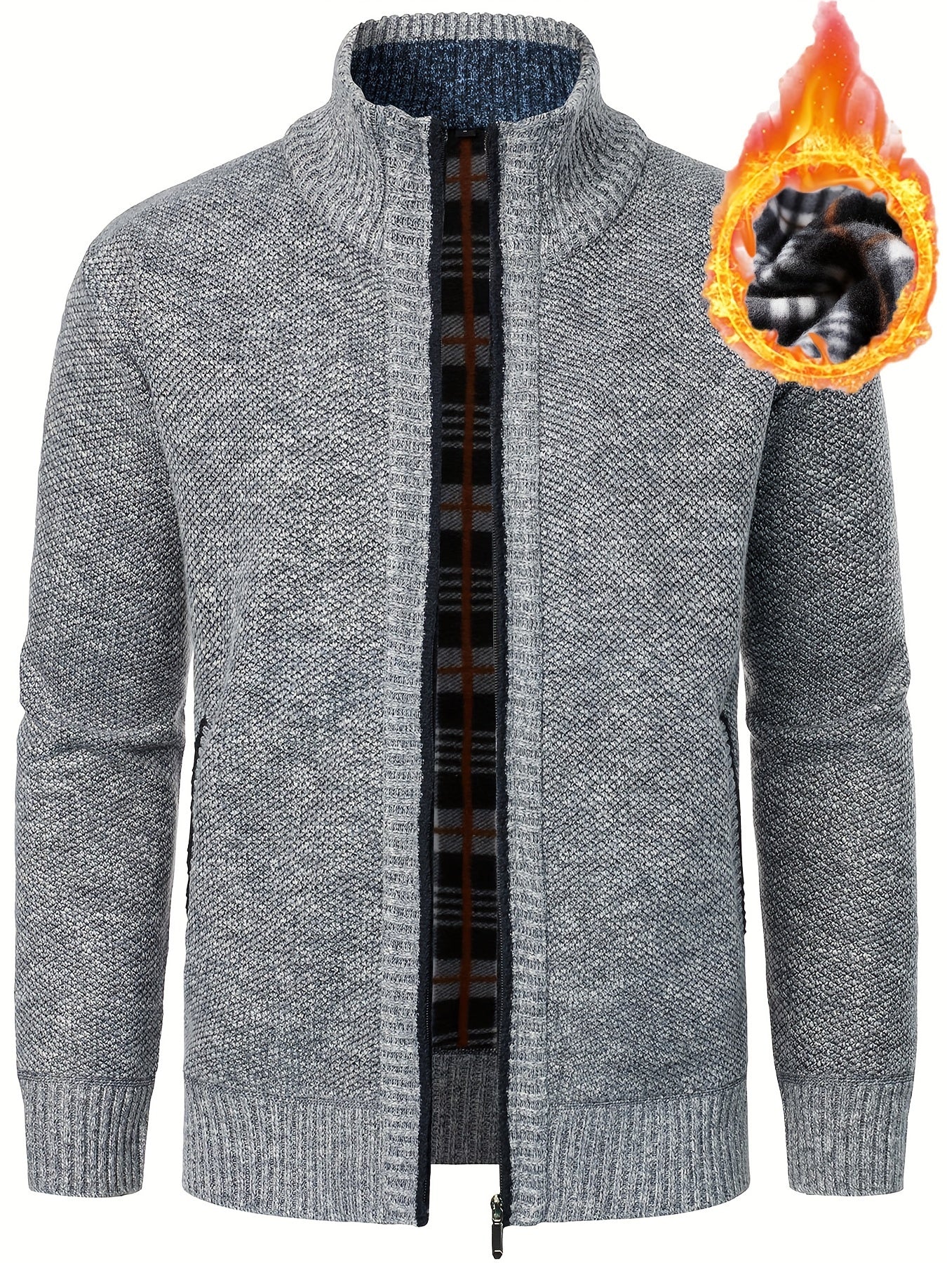 Men's zippered cardigan sweater made from 100% polyester knit fabric. Regular fit with slight stretch, stand collar, and zipper detail. Ideal for fall/winter outerwear.