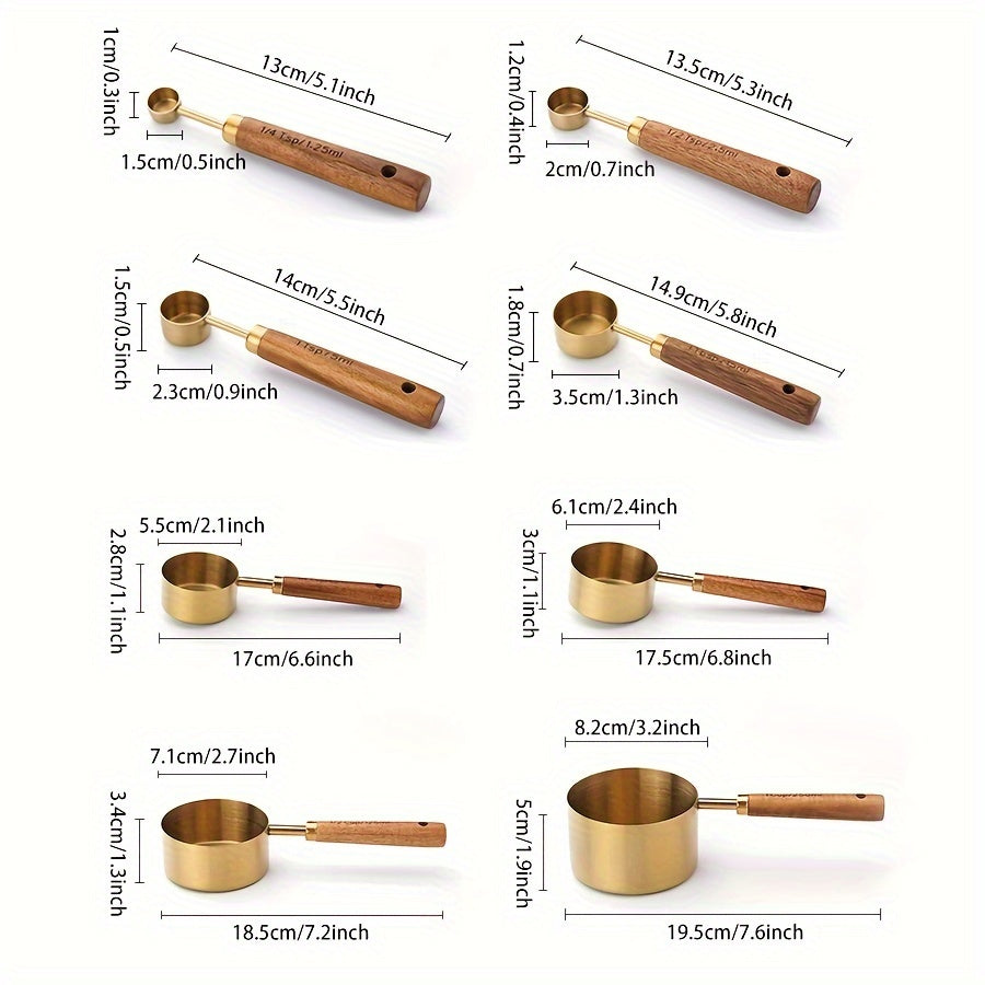 Set of 4 measuring cups and 4 measuring spoons with wooden handles, made of stainless steel. Includes graduated measurements for precise baking and cooking. A must-have tool for any kitchen, perfect for apartments and essential for cooking and baking