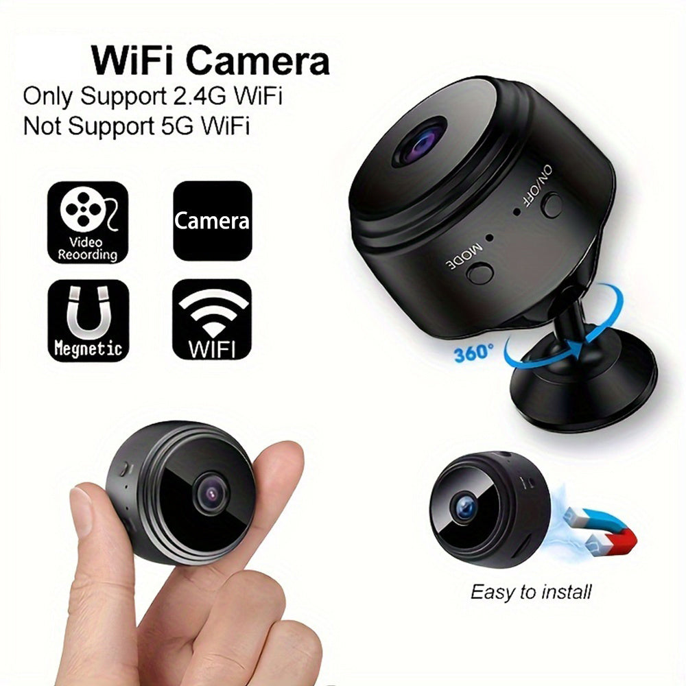 The Oimlyo A9 Smart WiFi Camera offers 480p security surveillance with a magnetic base for easy mounting. It can be powered by battery or USB and is compatible with smartphones for remote viewing via a mobile application. The rechargeable lithium polymer