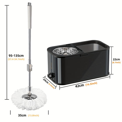 This set includes a stainless steel self-wringing mop with carrying handle, featuring a 360° rotating head and 2 microfiber pads. The manual center pivot cleaning system requires no electricity, making it perfect for home use in the living room, bedroom