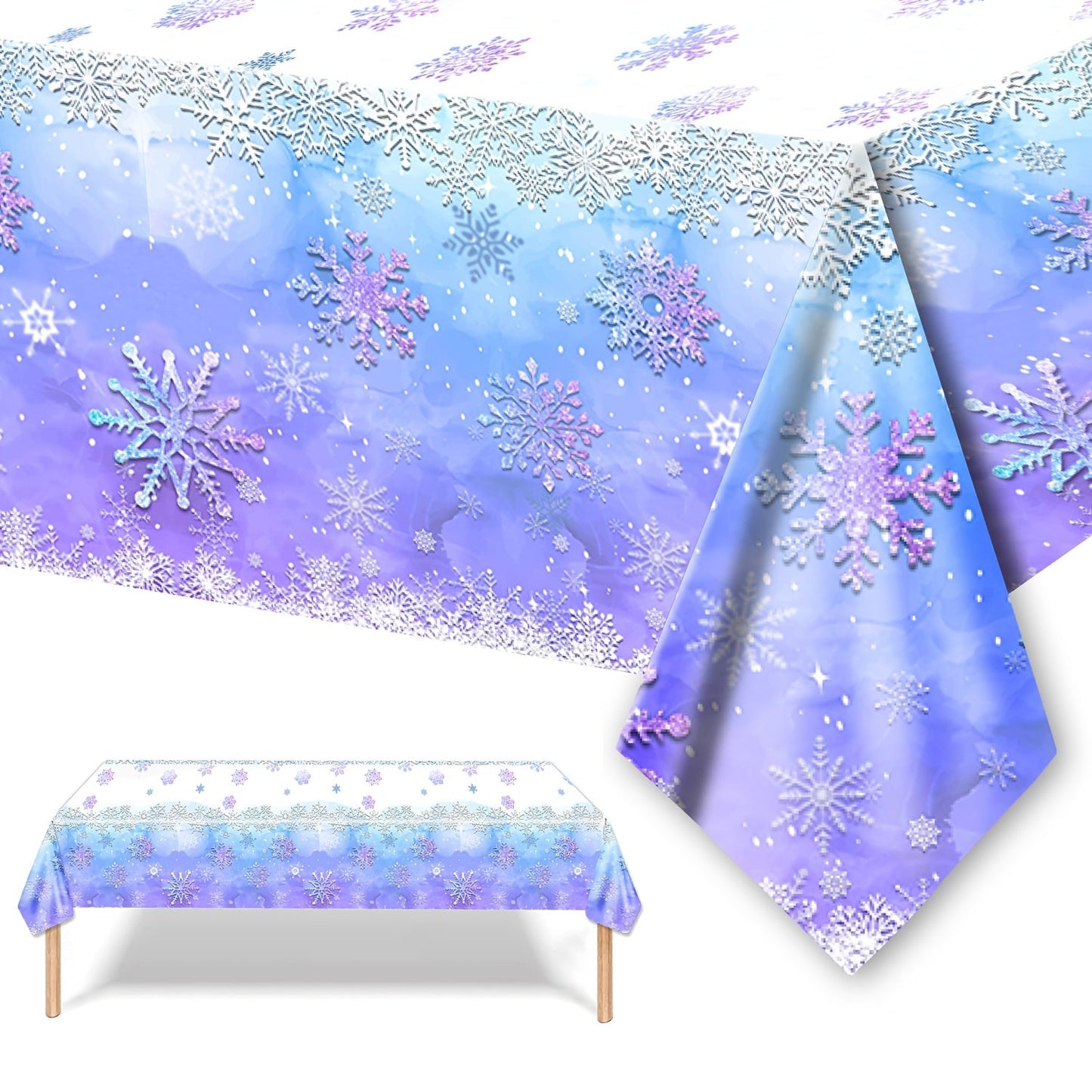 Blue and purple snowflake tablecloth that is ideal for hosting dinosaur birthday parties. Made from durable plastic material, this rectangular tablecloth measures 107.95x179.83 cm in size. Ideal for adding a festive touch to your party decor.