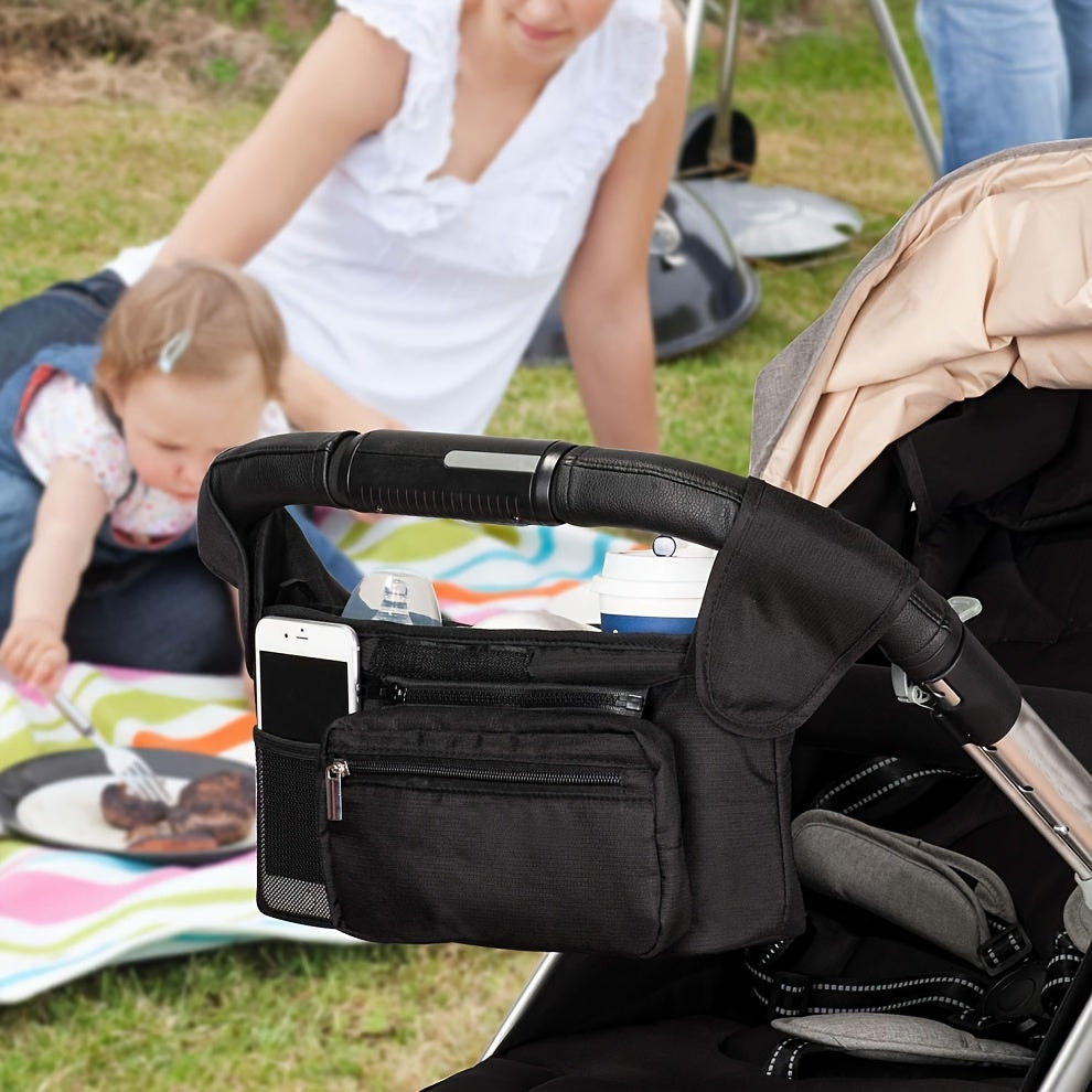 Black stroller hanging bag with multiple functions for baby stroller storage, including a urine layout bag, large capacity bottle bag.