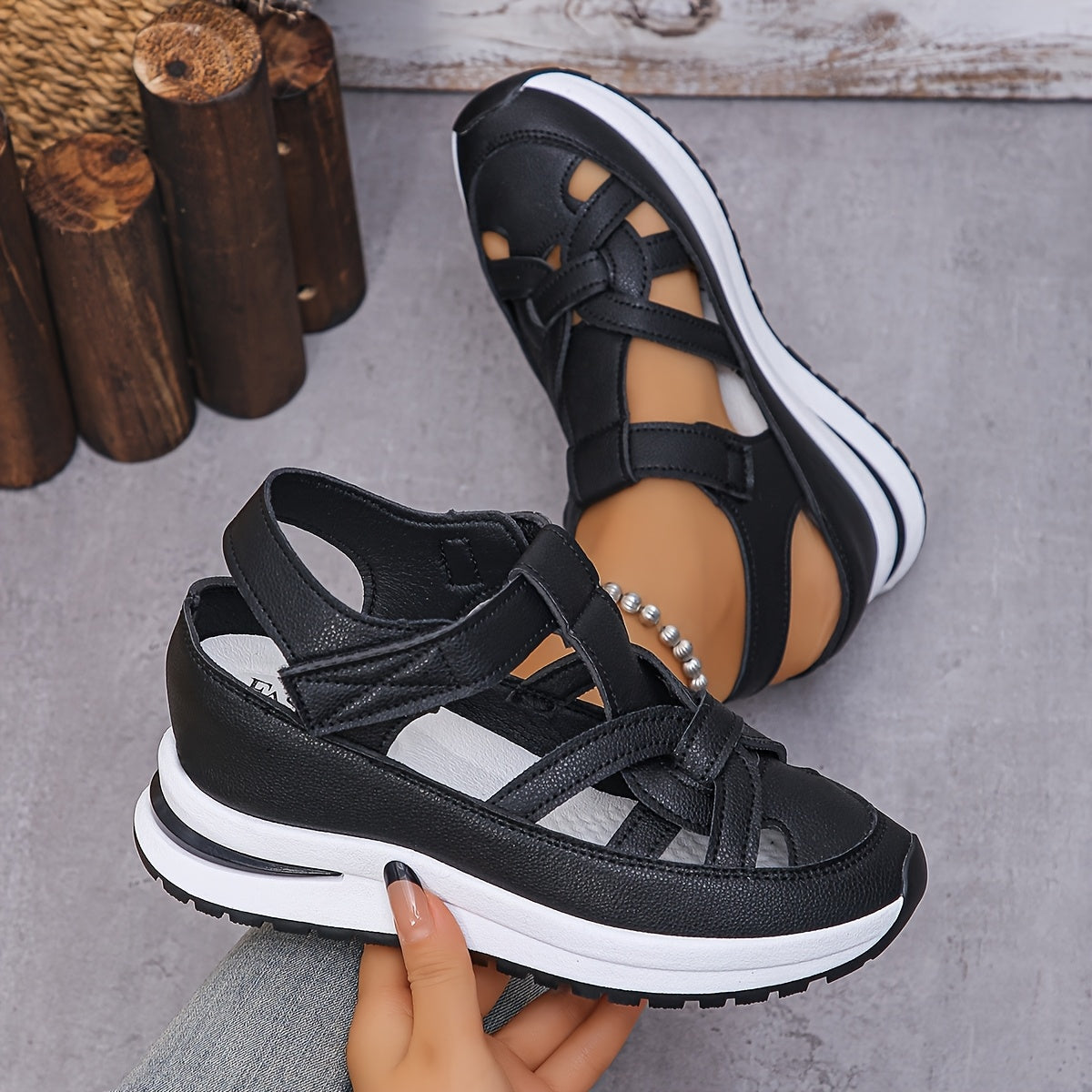 Women's fashion sneakers with solid color, platform heel, magic tape closure, man-made materials, and rubber outsole.