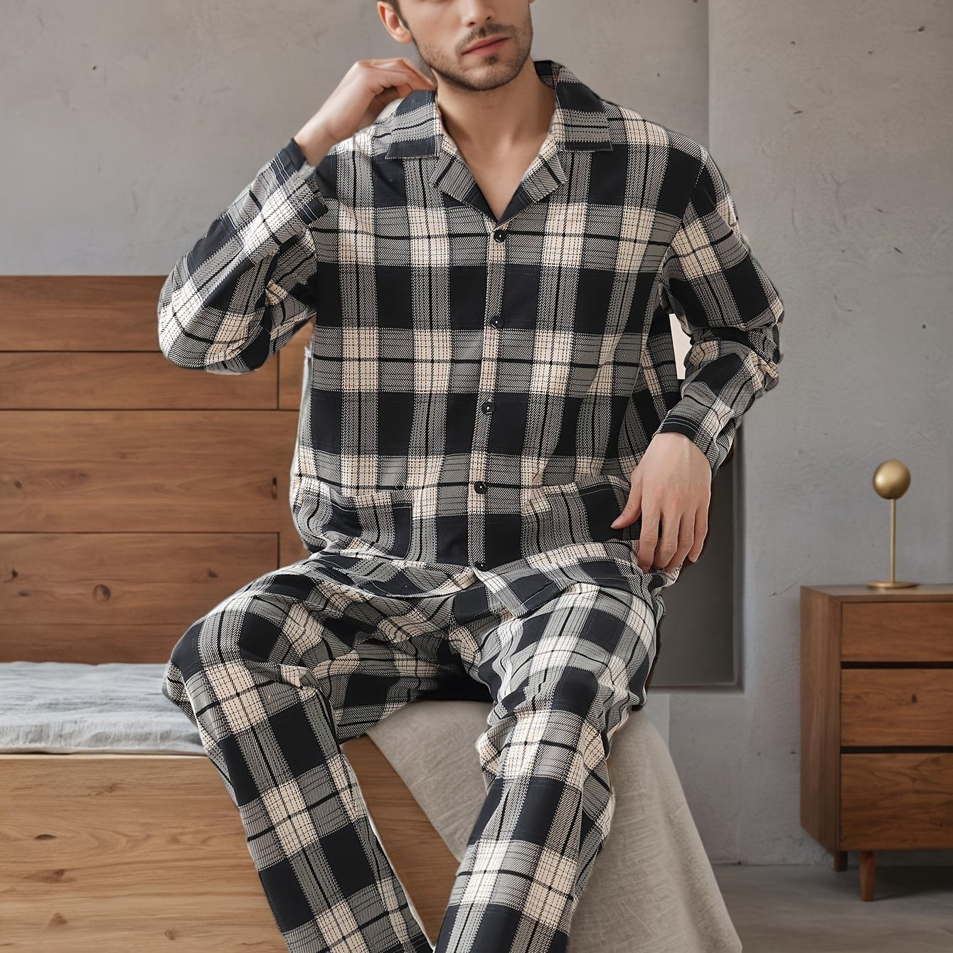 Men's plaid pajama set with long sleeves, lapel collar, slight stretch, and casual style. Made of 95% polyester and 5% elastane. Suitable for spring/fall.