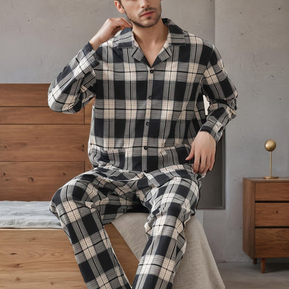 Men's plaid pajama set with long sleeves, lapel collar, slight stretch, and casual style. Made of 95% polyester and 5% elastane. Suitable for spring/fall.