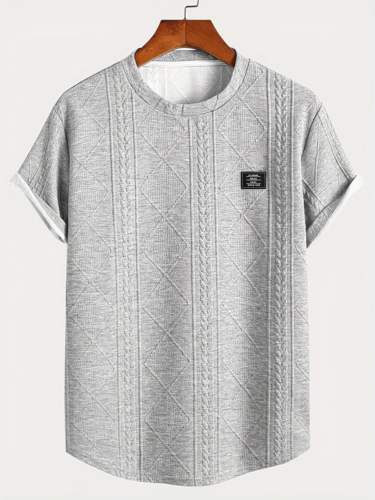 Men's short sleeve t-shirt with embossed pattern, made of 100% polyester knit fabric with slight stretch, crew neck, regular fit.