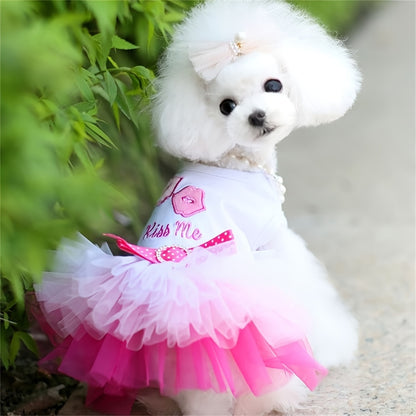 Pink and blue heart lips tulle dog dress, suitable for small to extra-small breeds in spring, summer, and fall.