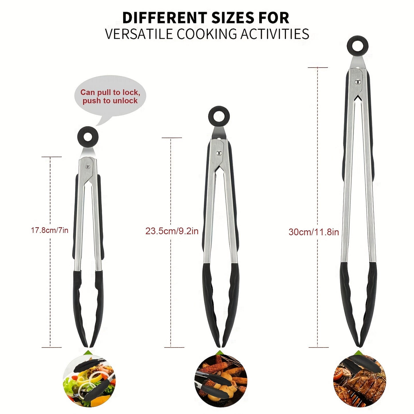 1PC Silicone-tipped Kitchen Tongs, High Heat Resistant with Locking Feature, Heavy Duty with Great Grips, available in 7", 9" and 30.48 cm, Black.