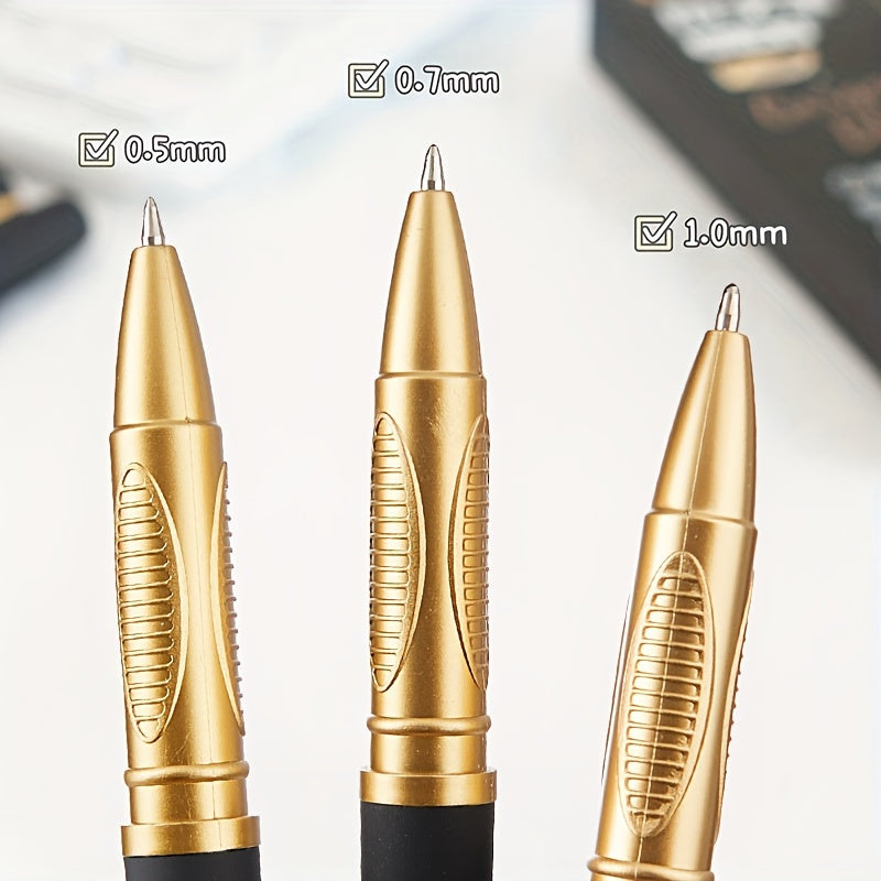 5 sleek black and golden gel pens: 0.5mm/0.7mm/1.0mm, large capacity, great for office.