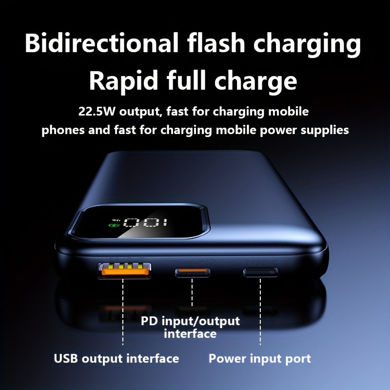 20000mAh portable power supply with 22.5W/PD20W fast charging, LED battery display, dual input and output, compact and portable.