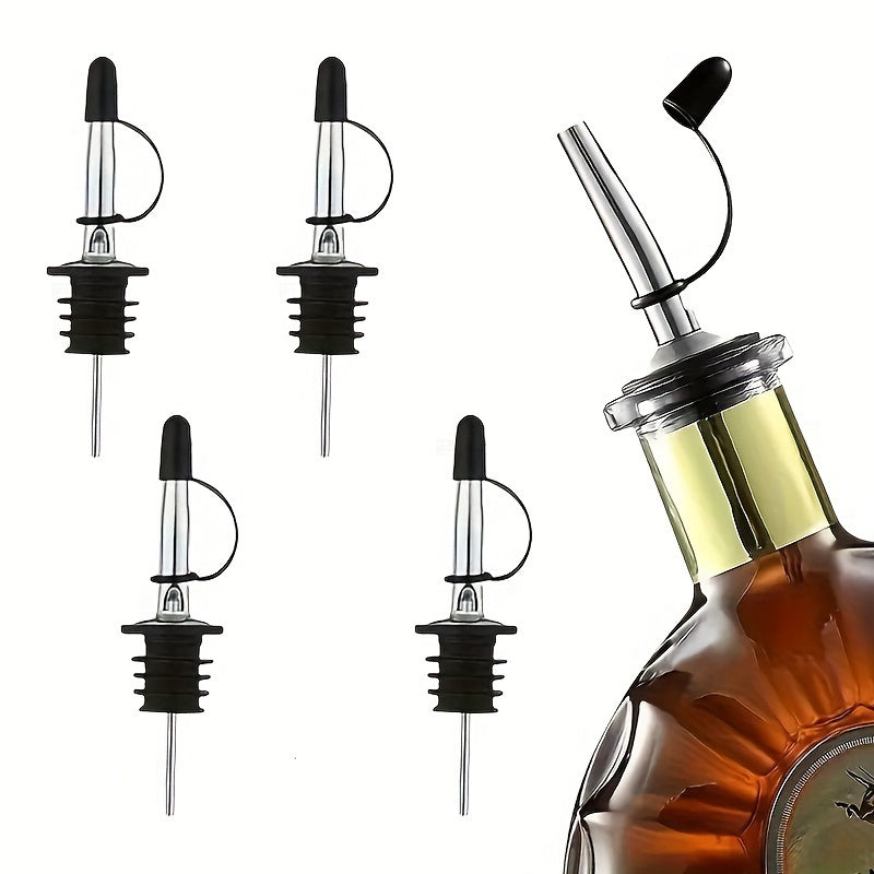 Stainless steel pourers in sets of 4, 6, 8, or 12 with rubber dust caps for liquor and vinegar bottles.