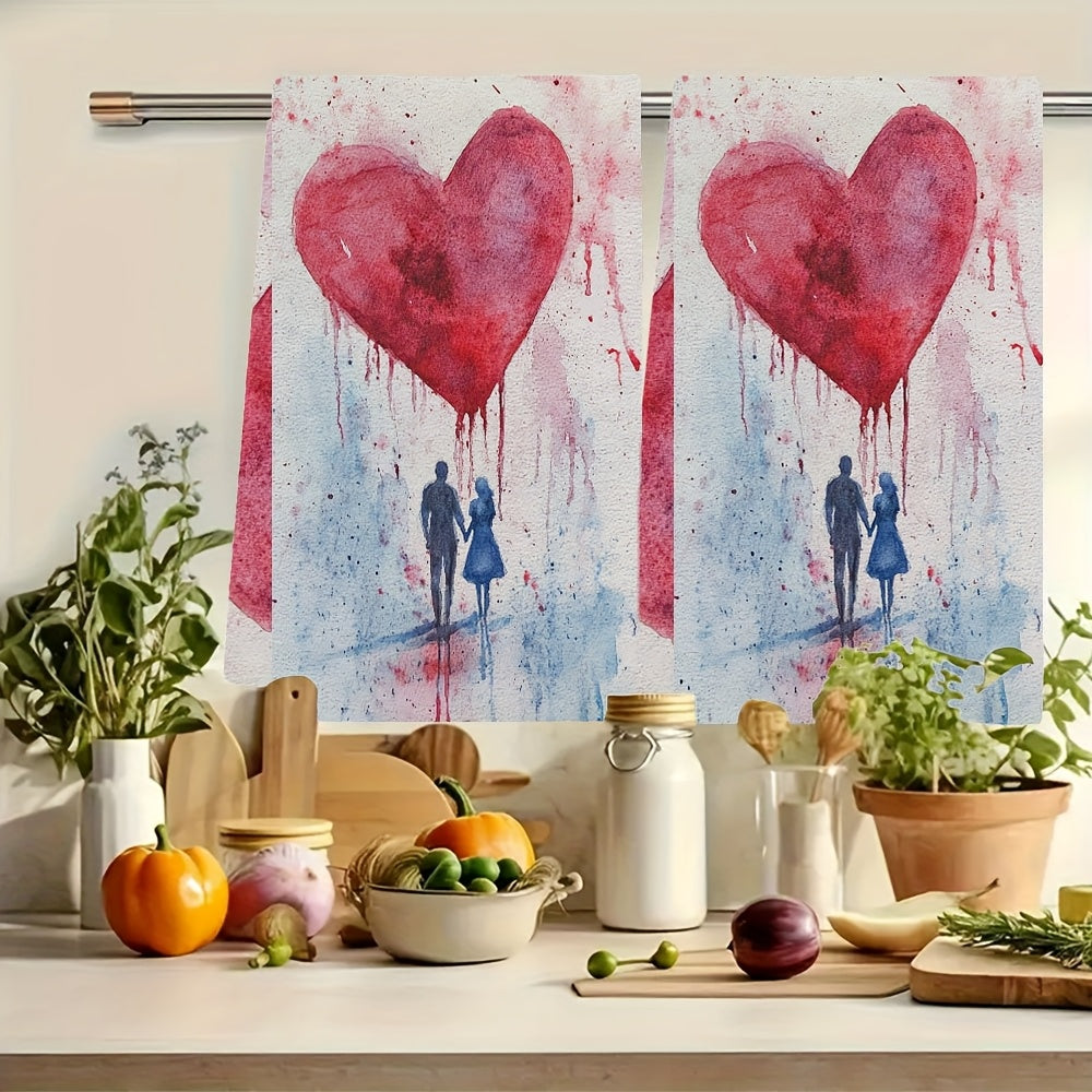 Get cozy with this set of 2 Romantic Valentine's Love Kitchen Towels, made from ultra soft and highly absorbent polyester. Measuring 40.64x60.96 cm, these dish hand towels feature a watercolor heart and couple design perfect for holiday decor. Machine