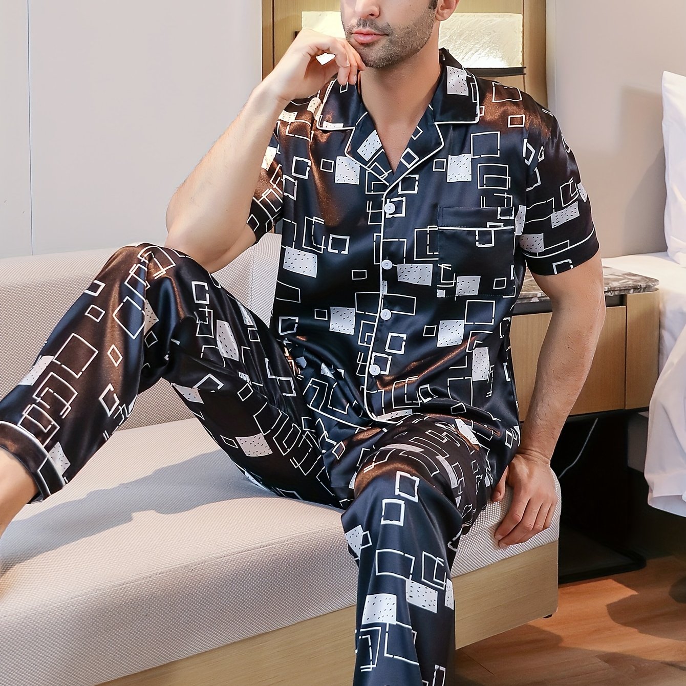 Men's geometric print pajama set with short-sleeve top and long pants, includes lightweight summer cardigan loungewear.