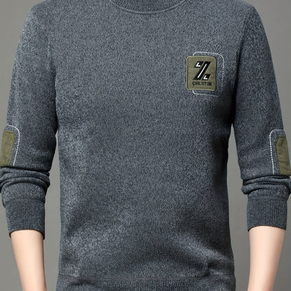 Men's winter sweater with Z letter embroidery, crew neck, long sleeve, slight stretch, regular fit, alphabet pattern, warm knit.